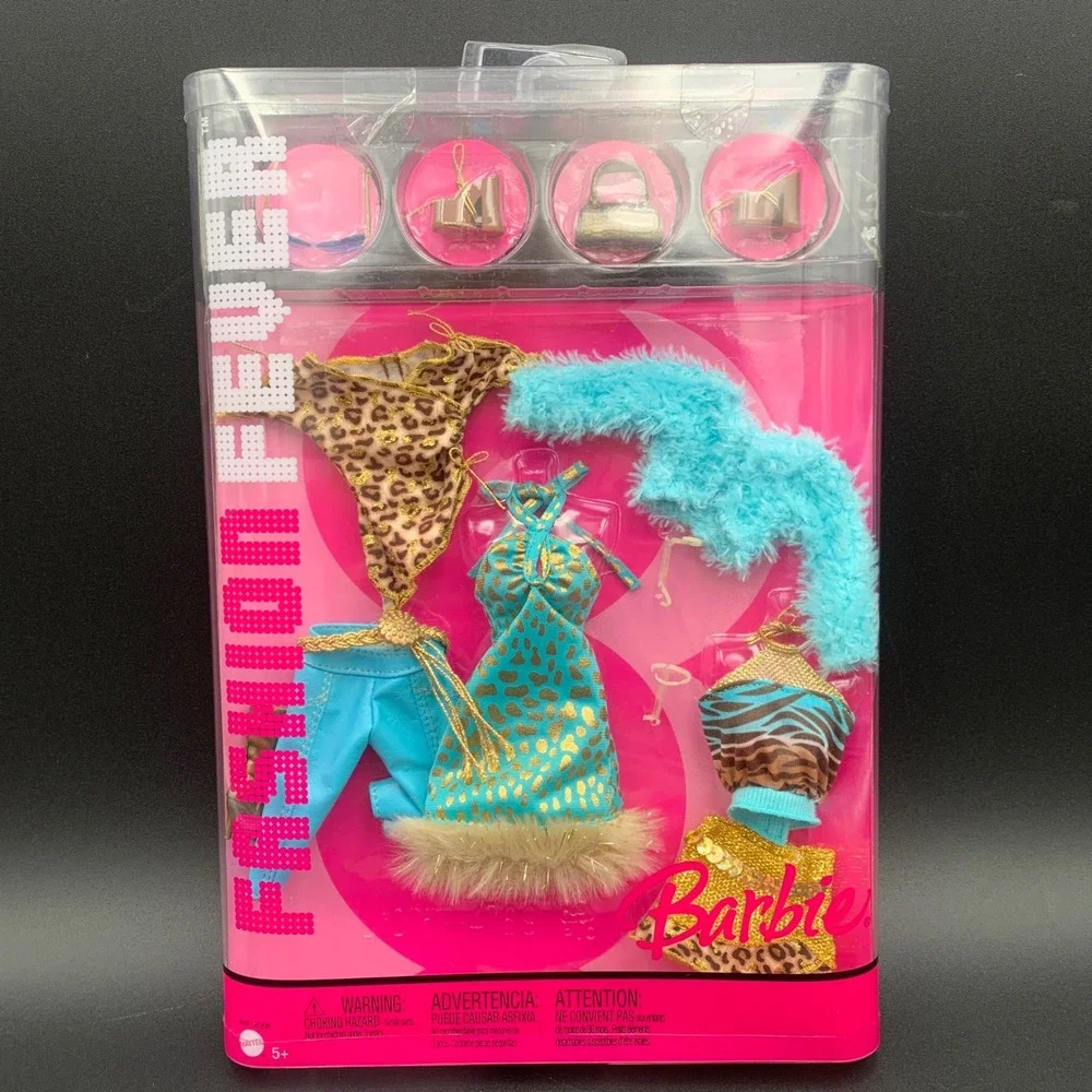 Barbie Fashion Fever Outfit Leopard Print Teal Gold Faux Fur J1375 NIB 2005